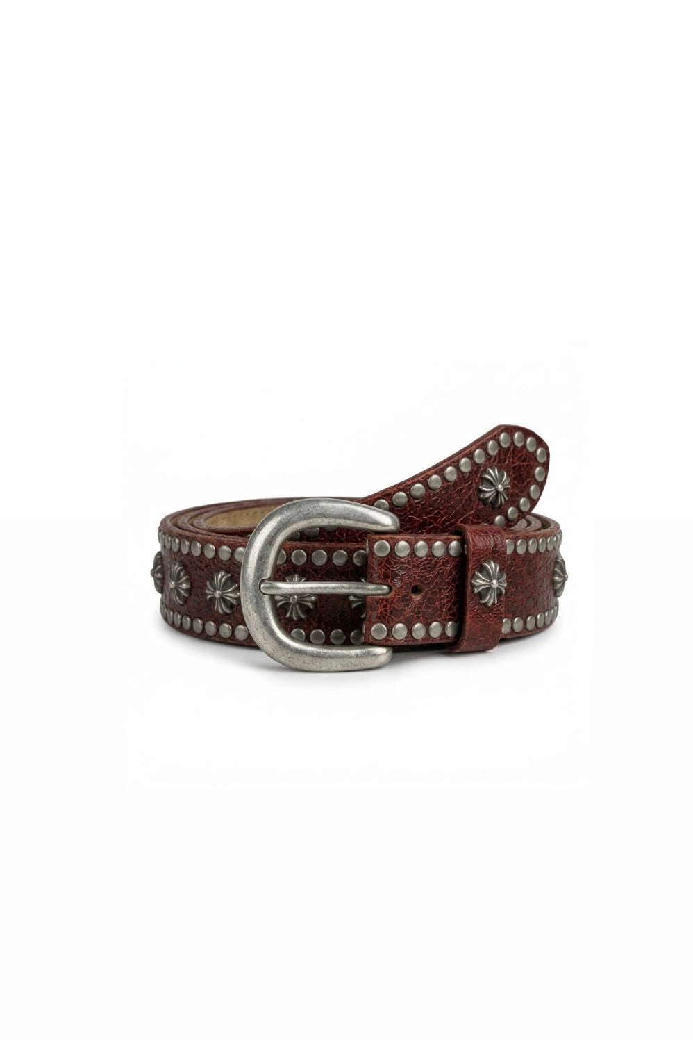 Red Studded Floral Leather Belt